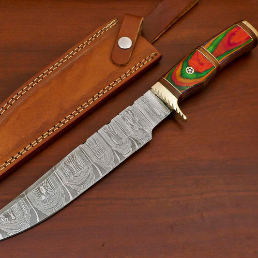 Damascus Pakka Wood Bowie Hunting Knife – Brass Guard, 14" Overall
