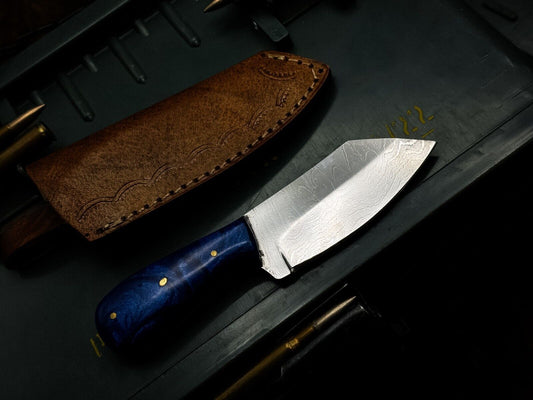 Damascus Skinner Knife – 2-3" Stainless Steel Blade with Resin Handle & Cow Leather Sheath