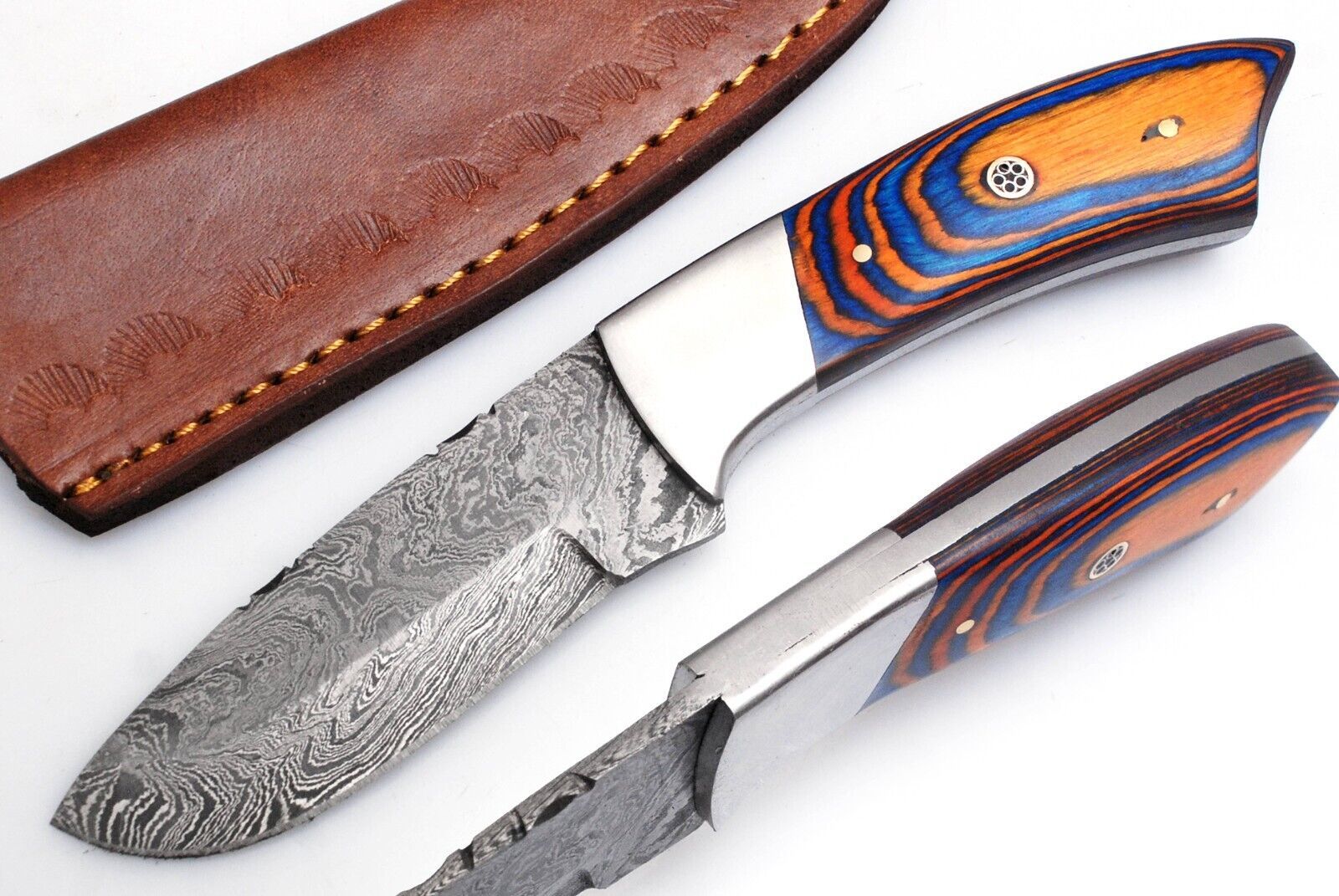 Damascus Skinner Knife – 8" Handmade Fixed Blade with Wood Handle & Leather Sheath
