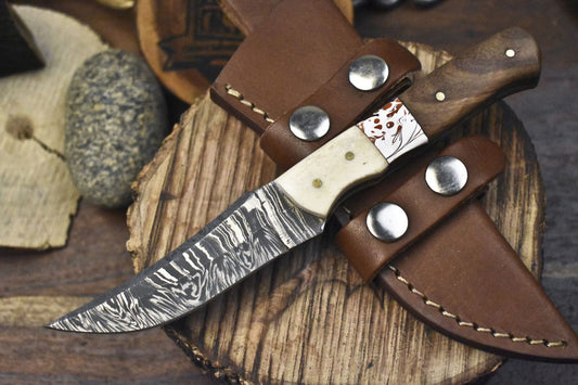   Damascus Skinner Knife Twist Pattern Corian Handle – Custom Handmade Hunting Knife Gift

