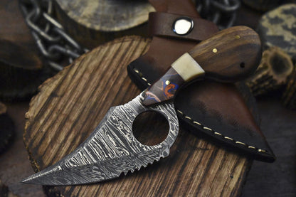  Damascus Skinner Knife with Bone and Wood Handle – Handmade Custom Fixed Blade Hunting Knife