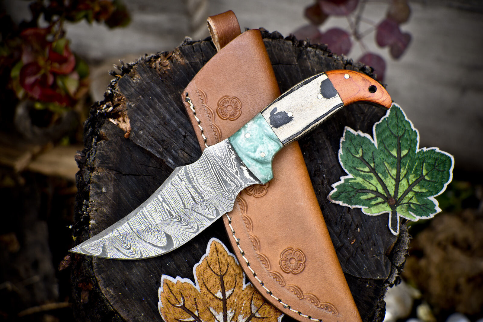  Damascus Skinner Knife with Hard Wood Handle and Micarta Bolster  for Hiking