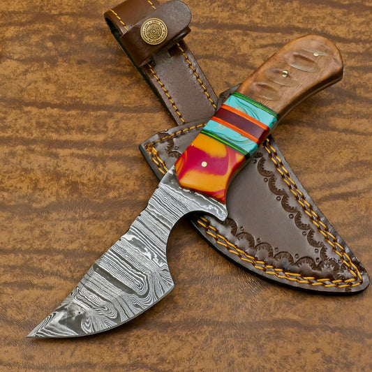   Damascus Skinner Knife with Resin Wood Handle for EDC and Hunting