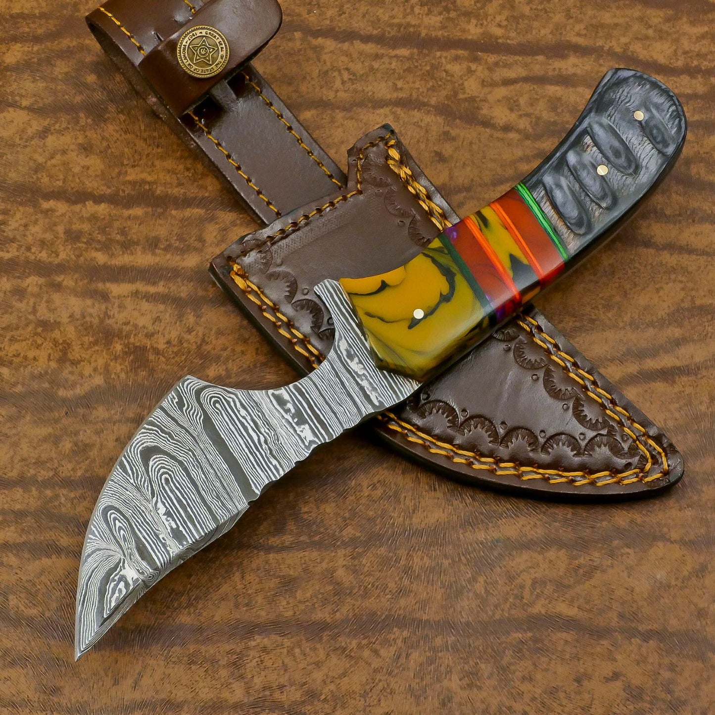  Damascus Skinner Knife with Resin Wood Handle for Hunting and EDC