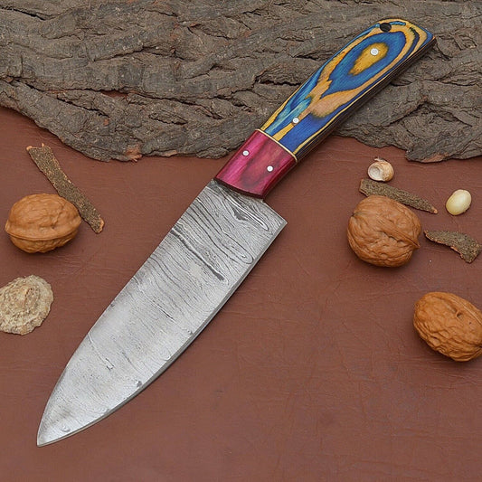 Damascus Steel 7" Fillet Chef Knife with Pakka Wood Handle & Leather Sheath
