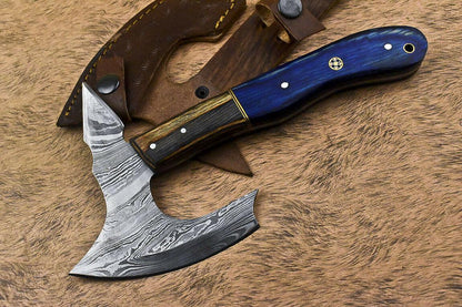 Handmade Damascus Steel Axe Clever Chopper Hunting Knife Hard Wood Handle with Leather Sheath