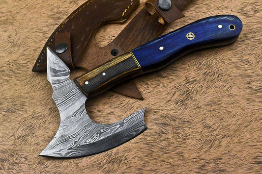 Handmade Damascus Steel Axe Clever Chopper Hunting Knife Hard Wood Handle with Leather Sheath