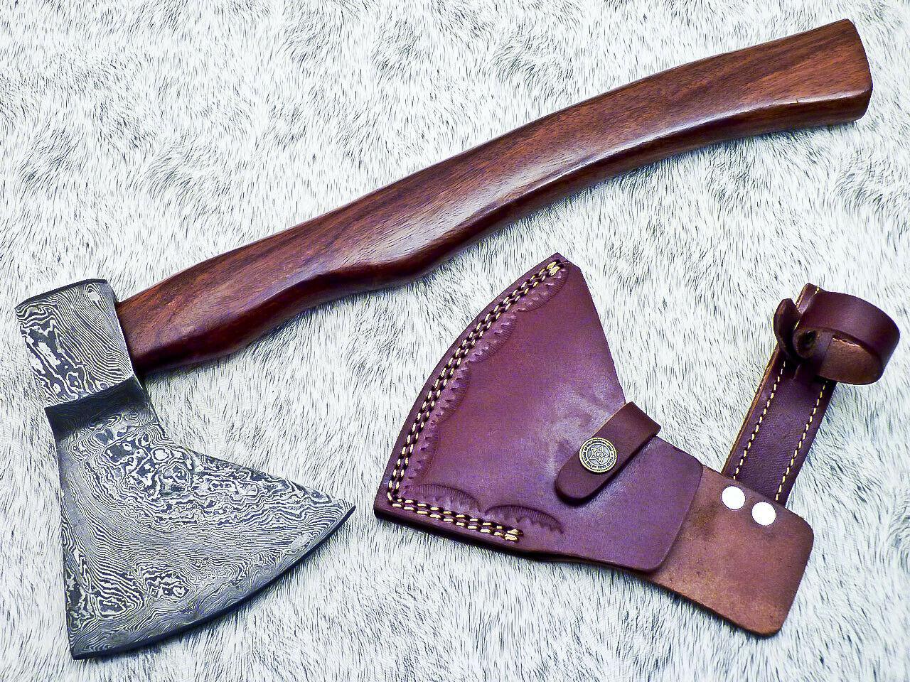   Damascus Steel Axe – Limited Edition Custom Forged Battle Axe with Natural Wood Handle and Leather Sheath