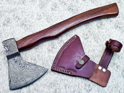   Damascus Steel Axe – Limited Edition Custom Forged Battle Axe with Natural Wood Handle and Leather Sheath