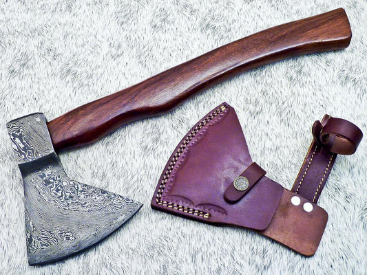   Damascus Steel Axe – Limited Edition Custom Forged Battle Axe with Natural Wood Handle and Leather Sheath