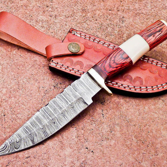 10 Inch Damascus Steel Bowie Hunting Knife with Camel Bone and Hardwood Handle