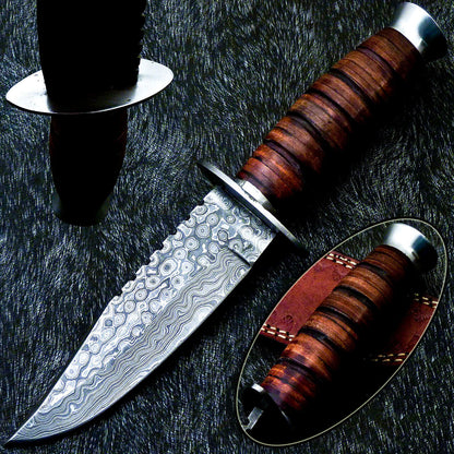 Damascus Steel Bowie Knife – 10 Inch Handmade Hunting Blade with Leather Handle
