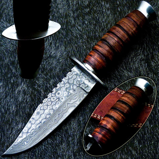 Damascus Steel Bowie Knife – 10 Inch Handmade Hunting Blade with Leather Handle