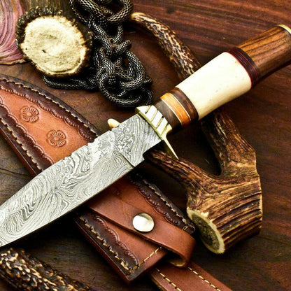 Handmade Damascus Steel Bowie Knife | 12" Camel Bone Hunting Knife with Leather Sheath