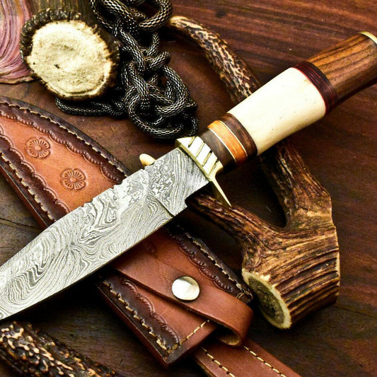 Handmade Damascus Steel Bowie Knife | 12" Camel Bone Hunting Knife with Leather Sheath