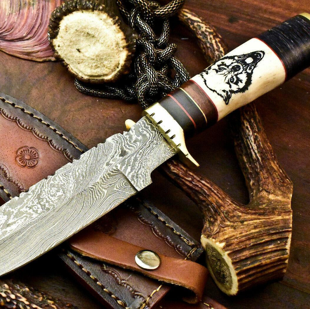 Damascus Steel Bowie Knife | 12" Hand-Forged Camel Bone Handle with Laser Etched Blade