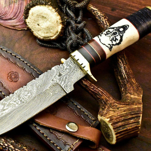 Damascus Steel Bowie Knife | 12" Hand-Forged Camel Bone Handle with Laser Etched Blade