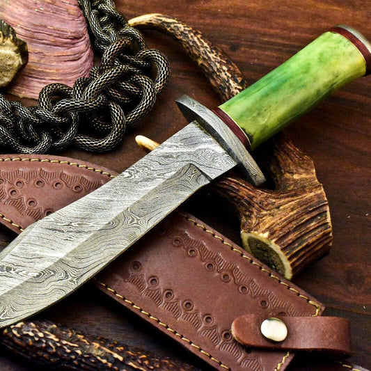 Damascus Steel Bowie Knife | 13" Hand-Forged Blade with Stained Camel Bone Handle