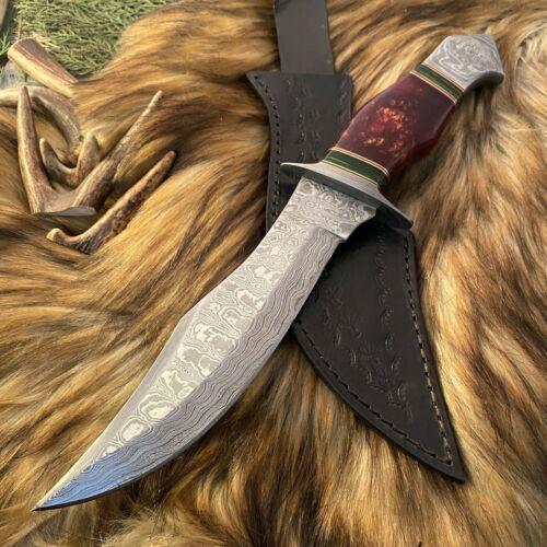 Damascus Steel Bowie Knife – 13 Inch Handmade Bushcraft & Hunting Blade with Leather Sheath