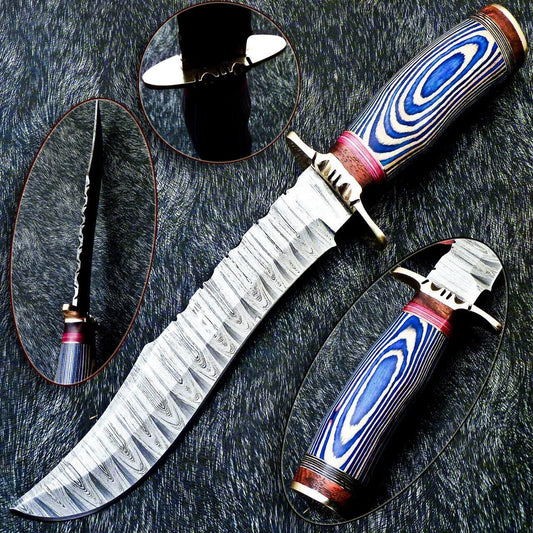 Damascus Steel Bowie Knife – 13 Inch Handmade Hunting Blade with Hardwood Handle