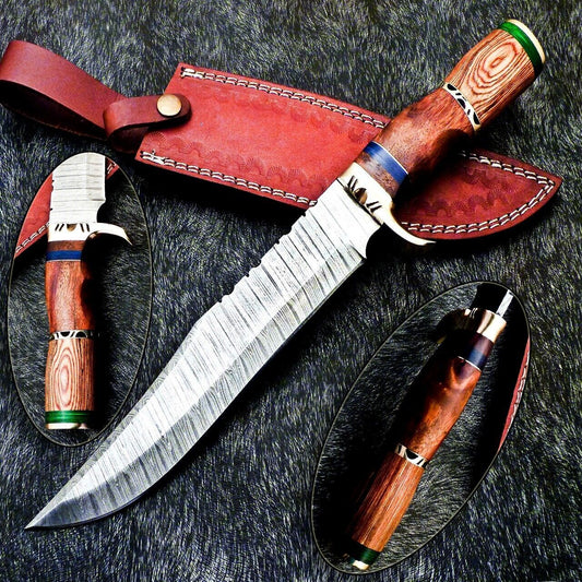 Damascus Steel Bowie Knife – 14.5 Inch Handmade Hunting Blade with Hardwood Handle