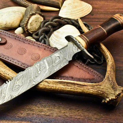 Damascus Steel Bowie Knife – 14" Walnut Wood Handle, Handmade Hunting Blade