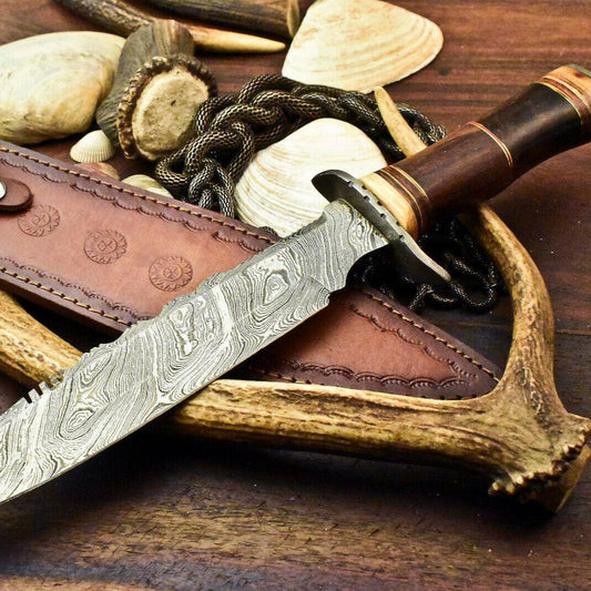 Damascus Steel Bowie Knife – 14" Walnut Wood Handle, Handmade Hunting Blade