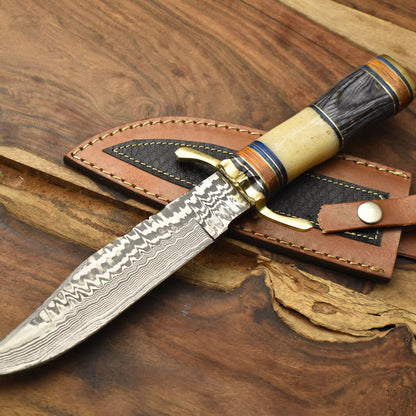  Damascus Steel Bowie Knife Camel Bone Brass Guard Camping Knife