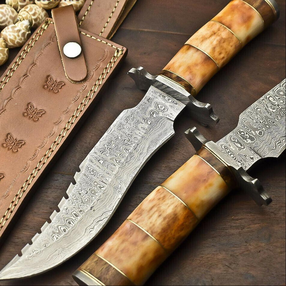 12.5" Damascus Steel Bowie Knife | Camel Bone Handle & Leather Sheath