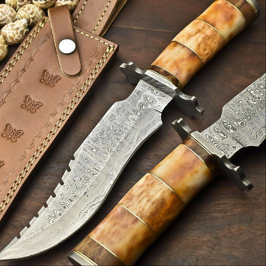 12.5" Damascus Steel Bowie Knife | Camel Bone Handle & Leather Sheath