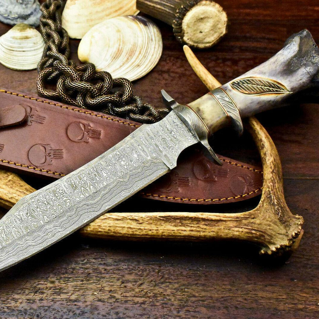 Damascus Steel Bowie Knife – Engraved Camel Bone Handle