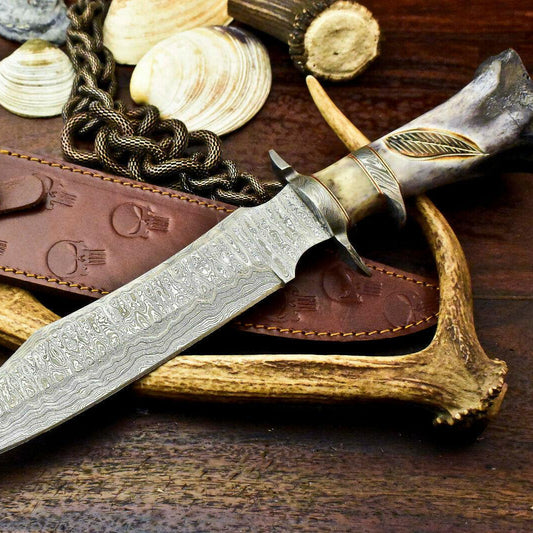 Damascus Steel Bowie Knife – Engraved Camel Bone Handle