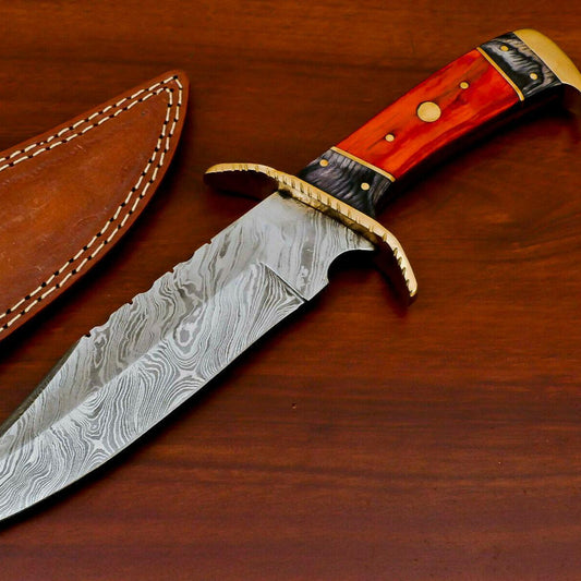 Damascus Steel Bowie Knife – Handmade Full Tang Hunting Blade with Pakka Wood Handle
