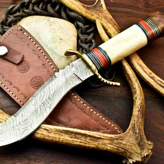 Damascus Steel Bowie Knife – Handmade Hunting Blade with Camel Bone Handle