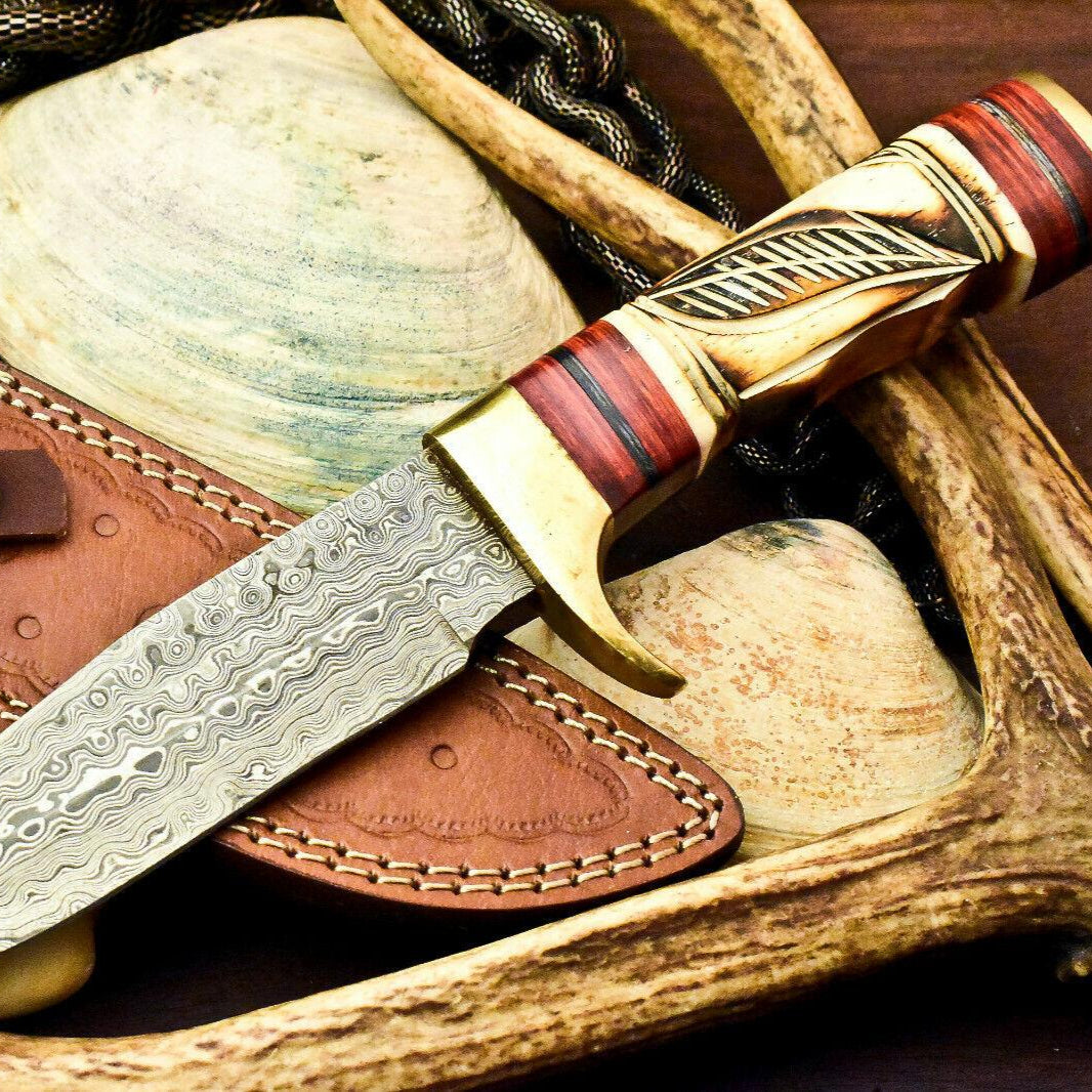 Damascus Steel Bowie Knife – Handmade Hunting Blade with Stained Camel Bone Handle