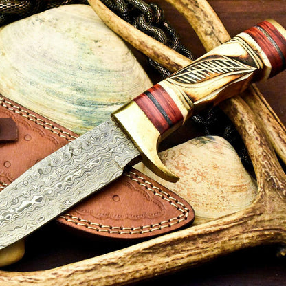 Damascus Steel Bowie Knife – Handmade Hunting Blade with Stained Camel Bone Handle