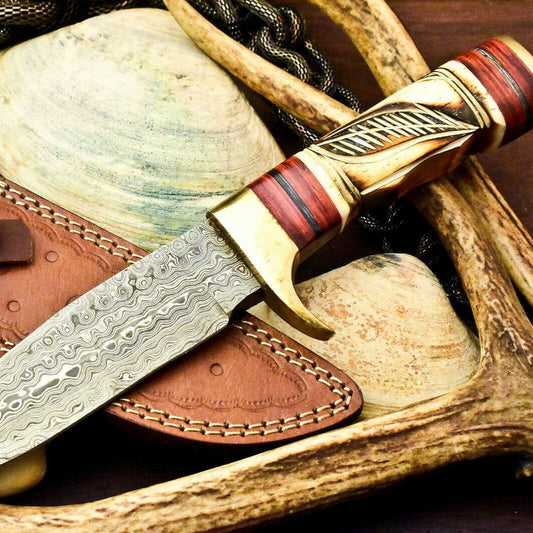 Damascus Steel Bowie Knife – Handmade Hunting Blade with Stained Camel Bone Handle
