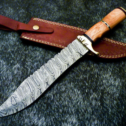 Damascus Steel Bowie Knife – Olive Wood Handle, 13" Hunting Knife