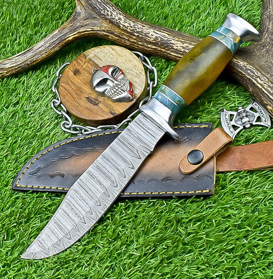  Damascus Steel Bowie Knife –Resin Handle & Leather Sheath