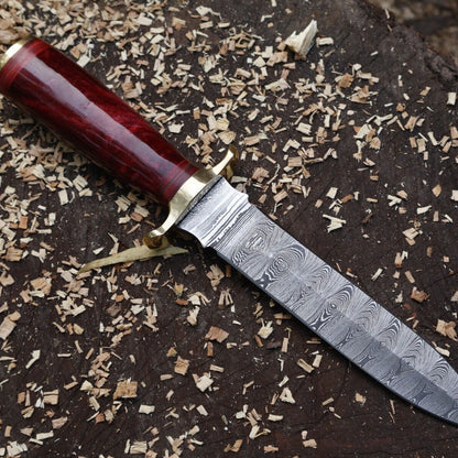 Damascus Steel Bowie Knife Resin Hardwood Handle Camping Dagger