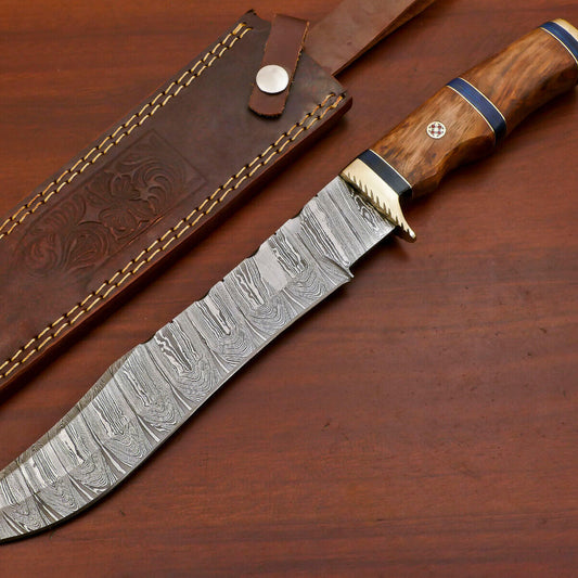 Damascus Steel Bowie Knife – Rose Wood & Pakka Wood Handle, 14" Hunting Knife