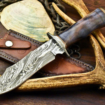 Damascus Steel Bowie Knife – Stained Camel Bone Handle