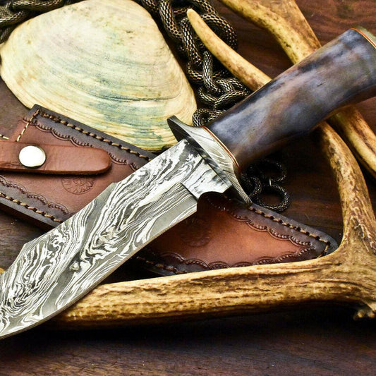 Damascus Steel Bowie Knife – Stained Camel Bone Handle