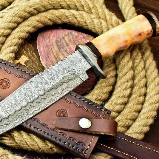 Damascus Steel Bowie Knife – Stained Camel Bone Handle, 13" Hunting Knife