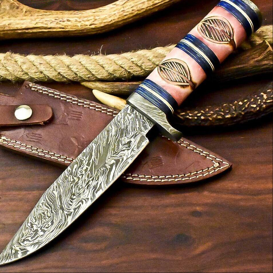 Damascus Steel Bowie Knife with Camel Bone Handle