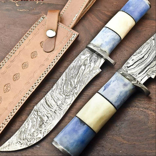  Damascus Steel Bowie Knife with Camel Bone Handle – 13" Handmade Hunting Blade