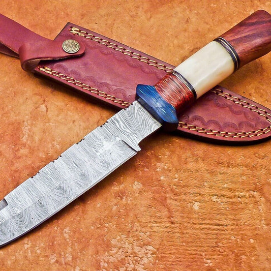 12" Damascus Steel Bowie Knife with Camel Bone & Hardwood Handle