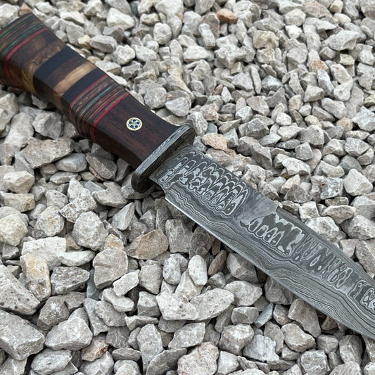 Damascus Steel Bowie Knife with Multi Color Hardwood Handle 12 Inch