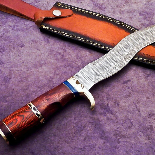 Damascus Steel Bowie Knife with Natural Wood Handle