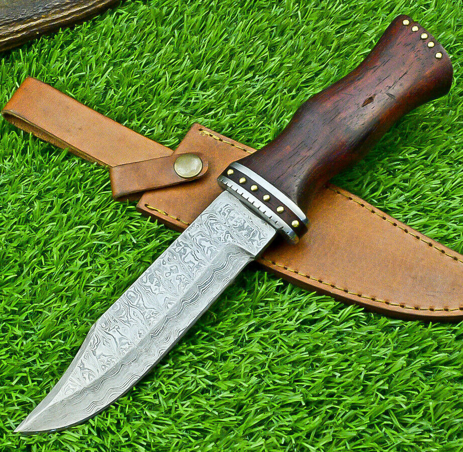 Damascus Steel Bowie Knife with Natural Wood Handle for Camping and Hunting